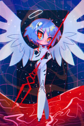 Rule 34 | 1girl, actoons, ayanami rei, blue hair, bodysuit, cross-shaped pupils, dated, feathered wings, flying nimbus, full body, highres, holding, holding polearm, holding weapon, interface headset (evangelion), lance of longinus (evangelion), lcl, looking at viewer, mecha pilot suit, neon genesis evangelion, plugsuit (evangelion), polearm, short hair, signature, solo, symbol-shaped pupils, weapon, white bodysuit, white wings, wings