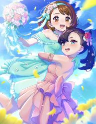 2girls :d alternate_costume asymmetrical_bangs bare_shoulders bead_necklace beads blurry blush bob_cut bouquet breasts brown_eyes brown_hair cloud commentary_request day dress dress_flower elbow_gloves eyelashes flower from_below gloria_(pokemon) gloves green_dress green_eyes green_gloves green_hairband hair_flower hair_ornament hair_ribbon hairband hand_on_another&#039;s_back highres holding holding_bouquet hug jewelry looking_at_viewer marnie_(pokemon) multiple_girls n2ewu necklace nintendo off-shoulder_dress off_shoulder open_mouth outdoors petals pink_dress pink_gloves pink_ribbon pokemon pokemon_swsh red_flower ribbon short_hair shoulder_blades sky smile teeth tongue upper_teeth_only wedding_dress wife_and_wife yuri