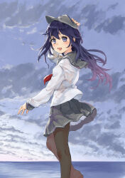 1girl absurdres akatsuki_(kancolle) black_pantyhose cloud cloudy_sky day flat_cap grey_hat grey_skirt hair_between_eyes hand_on_headwear hat highres kangoku_kou kantai_collection long_hair long_sleeves looking_at_viewer neckerchief ocean open_mouth outdoors pantyhose pleated_skirt purple_eyes purple_hair red_neckerchief sailor_collar school_uniform serafuku skirt sky solo