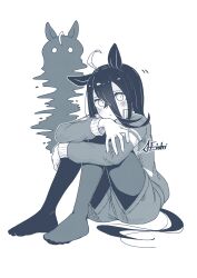 1girl a4_(a4_eishi) absurdres ahoge animal_ears closed_mouth commentary_request greyscale hair_between_eyes highres horse_ears horse_girl horse_tail jacket long_hair long_hair_between_eyes looking_at_viewer manhattan_cafe_(umamusume) monochrome multicolored_hair no_shoes pantyhose shorts signature simple_background sitting streaked_hair tail tracen_training_uniform track_jacket umamusume white_background