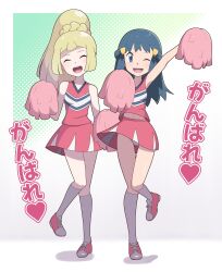absurdres araki_megami blonde_hair blue_hair cosplay dawn_(pokemon) dawn_(pokemon)_(cosplay) highres lillie_(pokemon) nintendo panties pantyshot pokemon pokemon_(anime) pokemon_dppt_(anime) pokemon_sm_(anime) ponytail underwear white_panties