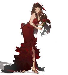1girl aerith_gainsborough aerith_gainsborough_(red_dress) back_bow bow brown_hair curly_hair dress evening_gown final_fantasy final_fantasy_vii final_fantasy_vii_remake flamenco_dress flower formal_clothes frilled_dress frills full_body green_eyes hair_ribbon hands_up high_heels highres holding holding_flower jewelry leaning leaning_forward long_hair necklace official_alternate_costume parted_bangs red_bow red_dress red_flower red_ribbon red_rose ribbon rose shadow sidelocks simple_background smile solo standing wall_market white_background xiao_dao_(kojimarie)