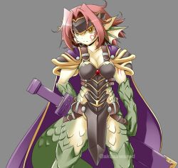 1girl akazawa_red animal_ears arm_behind_back arm_tattoo armor artist_name belt black_armor breasts brown_belt cape cleavage clenched_hand colored_skin commentary_request cowboy_shot dragon_ears dragon_girl dragon_tail facial_tattoo fins forehead_protector gem granberia green_skin grey_background head_fins large_breasts light_frown mon-musu_quest! mon-musu_quest:_paradox monster_girl official_art pointy_ears purple_cape red_gemstone red_hair scales serious sheath sheathed short_hair shoulder_armor simple_background solo sword tail tattoo twitter_username weapon yellow_eyes