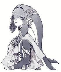 1girl armor brooch colored_skin fins fish_girl greyscale head_fins highres jewelry looking_at_viewer mipha monochrome monster_girl multicolored_skin neck_ring nintendo nomo96 one_eye_covered shoulder_armor smile solo the_legend_of_zelda the_legend_of_zelda:_breath_of_the_wild two-tone_skin upper_body white_background zora