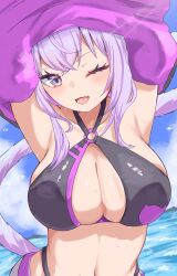 1girl bikini black_bikini breasts cat_girl cat_tail cleavage earl_grey_no_chaba highres hololive large_breasts navel nekomata_okayu ocean purple_eyes purple_hair solo swimsuit tail undressing upper_body virtual_youtuber water
