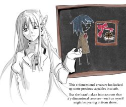akemi_homura black_hair blue_hair chalk_drawing chalkboard greyscale hair_ribbon long_hair long_sleeves mahou_shoujo_madoka_magica mermaidcandle mitakihara_school_uniform monochrome ribbon school_uniform simple_background white_background