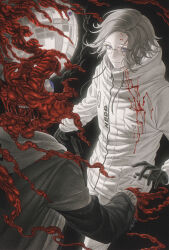 2boys 7nite absurdres aotsuki_eito black_background black_gloves black_jacket blood blood_on_clothes blood_on_face blue_eyes body_horror breast_pocket chinese_commentary drawstring eldritch_abomination flesh glasses gloves grey_hair grey_jacket highres hood hoodie jacket jacket_over_hoodie knife looking_at_another male_focus multicolored_jacket multiple_boys pocket purple_eyes satellite short_hair smile spoilers sumino_takumi the_hundred_line_-last_defense_academy- two-tone_jacket weibo_username white_hoodie white_jacket