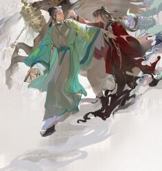 Rule 34 | 2boys, absurdres, architecture, black eyes, black hair, black hanfu, black hat, black shoes, bone, chinese clothes, chinese commentary, coat, dao gui yi xian, east asian architecture, eye contact, folding fan, full body, green coat, grey hanfu, hair bun, hair ribbon, half updo, hand fan, hand fan writing, hanfu, hat, hat ribbon, highres, holding, holding bone, holding fan, holding hands, holding sword, holding weapon, horse, jin (headwear), li huowang, long hair, long sleeves, looking at another, lotus leaf, male focus, multiple boys, outstretched arm, paper fan, profile, reaching, reaching towards another, red coat, red ribbon, ribbon, robe, scar, scar on face, scar on neck, shoes, single hair bun, skull, smile, smoke, spine, spine sword, standing, sword, torn clothes, weapon, wide sleeves, yaoi, yongbaochise, zhouzi jin (headwear), zhuge yuan