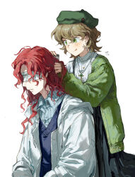 1boy 1girl :q absurdres aleph_(reverse:1999) alternate_costume black_skirt blindfold blue_shirt blue_vest brown_hair brushing_another&#039;s_hair brushing_hair cardigan comb dongfang_shuyechu green_cardigan green_eyes green_hat hat highres holding holding_comb jacket long_hair long_skirt looking_at_another newsboy_cap open_cardigan open_clothes open_jacket recoleta_(reverse:1999) red_hair reverse:1999 shirt short_hair skirt tongue tongue_out upper_body vest white_background white_jacket