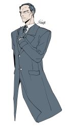 1boy adjusting_clothes adjusting_necktie closed_mouth coat collared_shirt commentary_request hand_up highres ichigo_beeru korean_commentary long_sleeves male_focus mature_male necktie shirt short_hair signature simple_background solo tomiiri_junzo toshi_densetsu_kaitai_center white_background