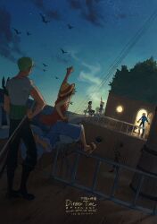 2girls 4boys arm_up bird black_pants dusk facing_away hat highres jumping light_particles monkey_d._luffy multiple_boys multiple_girls nami_(one_piece) nico_robin on_ship one_piece outdoors outstretched_arms pants plytometo railing roronoa_zoro sandals sanji_(one_piece) seagull shirt spread_arms stairs straw_hat stretching tony_tony_chopper usopp white_shirt