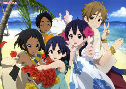 Rule 34 | 10s, 2boys, 3girls, :d, ^ ^, absurdres, animedia, aqua dress, beach, bird, black hair, blue eyes, brown eyes, brown hair, choi mochimazzui, closed eyes, dark skin, day, dera mochimazzui, dress, floral print, floral print dress, flower, hair flower, hair ornament, highres, jewelry, kitashirakawa anko, kitashirakawa tamako, looking at viewer, lots of jewelry, metcha mochimazzui, mole, multiple boys, multiple girls, official art, ooji mochizou, open mouth, palm tree, petals, print dress, purple eyes, scan, smile, tamako market, tree, v, yamada naoko