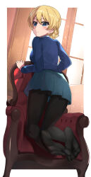 1girl absurdres ass black_pantyhose blonde_hair blue_eyes blush breasts darjeeling_(girls_und_panzer) feet girls_und_panzer highres kneeling large_breasts lazurite_(user_8870367) legs long_hair looking_at_viewer looking_back panties panties_under_pantyhose pantyhose sideboob smile soles thighs underwear