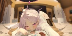 1boy 1girl alternate_costume bed_sheet bedroom black_thighhighs blue_archive blurry blurry_background commentary condom curtains dat_(dat14382) english_commentary flat_screen_tv frown halo highres hina_(blue_archive) indoors korean_commentary long_hair looking_at_viewer lying mixed-language_commentary nervous_sweating on_bed on_stomach open_mouth pink_eyes pink_halo pov refrigerator see-through_body shirt solo_focus speaker sweat television thighhighs unbuttoned white_hair white_shirt