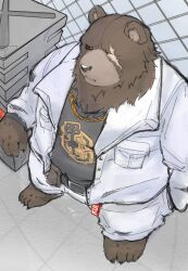 1boy absurdres animal_ears bara barefoot bear_boy bear_ears ben_bigger black_tank_top brown_fur chain chain-link_fence chain_necklace claws closed_mouth commentary english_commentary fence furry furry_male hand_on_weapon highres jacket jewelry looking_at_viewer looking_up male_focus necklace notched_ear numpla pants scar scar_across_eye scar_on_face tank_top white_jacket white_pants zenless_zone_zero