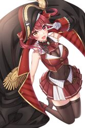 Rule 34 | 1girl, absurdres, ascot, bare shoulders, belt, bicorne, black coat, black hat, brooch, brown belt, brown thighhighs, coat, commentary request, covered navel, cropped jacket, gloves, gold trim, hat, heterochromia, highres, hololive, houshou marine, houshou marine (1st costume), jacket, jewelry, lace, lace-trimmed thighhighs, lace trim, leotard, leotard under clothes, looking at viewer, ojyomu, open mouth, pirate hat, pleated skirt, red ascot, red eyes, red hair, red jacket, red skirt, see-through clothes, see-through leotard, simple background, skirt, sleeveless, sleeveless jacket, smile, solo, thighhighs, v, v over eye, virtual youtuber, white background, white gloves, yellow eyes