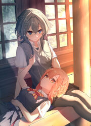Rule 34 | 2girls, absurdres, arm support, arms at sides, asanagi yori, belt, belt buckle, black pantyhose, blue eyes, bow, bowtie, braid, breasts, buckle, closed mouth, collarbone, collared shirt, column, commentary request, cowboy shot, crossed bangs, double-parted bangs, eye contact, eyelashes, featherripple, feet out of frame, grey skirt, grey sweater vest, grey undershirt, hair between eyes, hair intakes, hand in another&#039;s hair, hand on own stomach, highres, kino himari, lap pillow, large breasts, light blush, long bangs, looking at another, looking down, looking up, lying, medium breasts, medium hair, multiple girls, on back, orange eyes, orange hair, outdoors, outstretched arm, pantyhose, pillar, pleated skirt, reaching, reaching towards another, red bow, red bowtie, reflection, sasayaku you ni koi wo utau, shadow, shirt, short sleeves, side braid, sidelocks, sitting, skirt, smile, split mouth, striped bow, striped bowtie, striped clothes, sunlight, sunset, sweater vest, veranda, white belt, white shirt, window, wooden floor, yellow bow, yellow bowtie, yuri