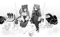 2girls :d absinthe_(arknights) against_wall animal_ears arknights bag bag_of_chips bear_ears bear_girl blanket breasts briefcase closed_eyes closed_mouth collared_shirt cooking_pot cup drink duffel_bag fondue full_body gloves greyscale holding holding_cup holding_drink iwashi_80 jacket knees_up knife long_sleeves looking_at_another medium_breasts monochrome multiple_girls necktie open_mouth pantyhose plate raccoon_ears raccoon_tail robin_(arknights) shirt shoes short_hair shorts sitting skirt smile sneakers steam tail twig wrapper