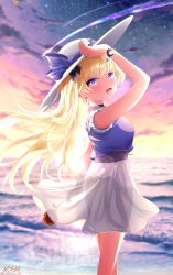 1girl absurdres alternate_costume blonde_hair blue_shirt breasts commentary_request cowboy_shot earrings flower from_side hair_ornament hat highres holding holding_flower jewelry long_hair looking_at_viewer looking_to_the_side medium_breasts open_mouth phoebe_(wuthering_waves) purple_eyes see-through_silhouette shirt signature skirt smile solo sunflower very_long_hair white_hat white_skirt wuthering_waves x3n x_hair_ornament
