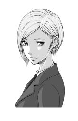 1girl black_jacket black_necktie black_suit closed_mouth collared_shirt earrings elena_(ff7) final_fantasy final_fantasy_vii final_fantasy_vii_rebirth final_fantasy_vii_remake formal_clothes greyscale highres jacket jewelry lips looking_at_viewer monochrome necktie nito_(mrrx5772) shirt short_hair simple_background single_earring solo stud_earrings suit turks_(ff7) white_background white_shirt