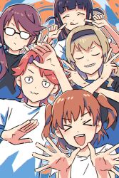 &gt;_&lt; &lt;|&gt;_&lt;|&gt; 5girls :3 :d aijou_karen black_hairband black_shirt blue_background brown_hair bullfalk closed_eyes closed_mouth curtained_hair facing_viewer glasses hair_bobbles hair_ornament hairband highres hoshimi_junna isurugi_futaba low_side_ponytail medium_hair multiple_girls opaque_glasses open_mouth orange_background outline purple_hair red_hair saijou_claudine shirt short_hair short_sleeves shoujo_kageki_revue_starlight side_ponytail smile t-shirt teeth tsuyuzaki_mahiru two_side_up u_u upper_teeth_only v-shaped_eyebrows white_outline white_shirt x_arms xd