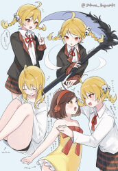 2girls absurdres bare_shoulders black_jacket blonde_hair blue_background bow braid brown_hair collared_shirt commentary_request engasaki_sakura fingernails hand_up headpat highres holding holding_scythe holding_weapon index_finger_raised jacket long_sleeves multiple_girls multiple_views original red_bow red_eyes red_ribbon ribbon scythe shirt simple_background sleeping strapless translation_request twin_braids weapon white_shirt yellow_eyes zzz