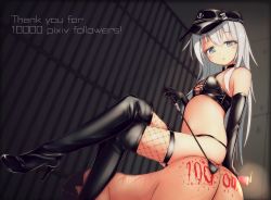 1boy 1girl bdsm black_footwear black_gloves black_headwear black_panties blue_eyes blue_hair blush boots breasts candle clothed_female_nude_male commentary_request crossed_legs dominatrix elbow_gloves english_text femdom fishnet_thighhighs fishnets gloves hibiki_(kancolle) high_heel_boots high_heels highres holding holding_candle holding_riding_crop holding_whip kantai_collection katsuten latex latex_boots latex_gloves latex_panties latex_top lattice lolidom long_hair looking_down navel nude panties riding_crop sitting sitting_on_person small_breasts thank_you thigh_boots thighhighs underwear wax whip