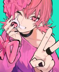 1girl bow bowtie brain bulging_eyes chainsaw_man choker cosmo_(chainsaw_man) eye_pop heart heart-shaped_pupils highres looking_at_viewer pink_eyes pink_hair sailen0 short_hair smile symbol-shaped_pupils v