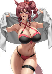 1girl absurdres animal_ears armpits bikini blush breasts brown_hair cleavage collarbone commentary commentary_request drill_hair hair_between_eyes highres horse_ears horse_girl horse_tail large_breasts looking_at_viewer multicolored_bikini navel norn_ace_(umamusume) one_side_up open_mouth red_bikini simple_background solo stmoon swimsuit tail teeth thigh_strap two-tone_bikini umamusume umamusume:_cinderella_gray upper_teeth_only white_background