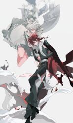 1boy 1girl absurdres bird black_pants black_shoes blue_eyes cape character_request closed_mouth copyright_request dress fingerless_gloves gloves grey_dress grey_hair heterochromia highres long_hair medium_hair pants red_cape red_eyes red_hair shoes simple_background solardark09 teeth white_background white_bird yellow_eyes