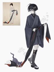 1boy ahoge animalization black_bodysuit black_cat black_hair black_kimono black_leggings black_sandals black_shorts black_sleeves blunt_ends blush bodysuit bright_pupils cat colored_inner_hair eyeliner eyeshadow feathers flower full_body genshin_impact grey_hair hair_between_eyes hair_ornament hairpin highres japanese_clothes kimono layered_sleeves leggings long_sleeves looking_at_animal looking_down makeup male_focus mandarin_collar multicolored_hair pale_skin parted_lips person_and_animalization pom_pom_(clothes) purple_eyes red_eyeliner red_eyeshadow red_sash reference_inset sandals sash scaramouche_(cat)_(genshin_impact) scaramouche_(genshin_impact) shorts solo stirrup_legwear toeless_legwear tsurime two-sided_sash tying white_background white_pupils wispy_bangs yellow_feathers yoruli_e zouri