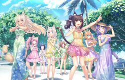 6+girls :d animal_ear_fluff animal_ears arm_strap azuki_(nekopara) bell black_hair blonde_hair blue_eyes blue_sky bracelet braid breasts brown_hair brown_tail cat_ears cellphone chocola_(nekopara) cinnamon_(nekopara) cleavage closed_eyes closed_mouth cloud coconut_(nekopara) day dress fake_animal_ears fake_tail floral_print food fraise_(nekopara) fruit game_cg green_eyes hairband hat heterochromia highres jewelry large_breasts logo long_hair looking_afar looking_ahead looking_at_viewer maple_(nekopara) medium_breasts minazuki_shigure multicolored_dress multiple_girls neck_bell nekopara non-web_source official_art one_eye_closed open_mouth orange_eyes palm_tree phone pink_dress pink_hair pink_ribbon pointing purple_hair ribbon sayori_(neko_works) sky small_breasts smartphone smile star_(symbol) sundress sunglasses tail tail_ornament thigh_strap tree twintails vanilla_(nekopara) watermelon watermelon_slice white_hair white_tail