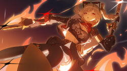 Rule 34 | 1girl, absurdres, aviator sunglasses, belt, belt buckle, black-framed eyewear, black belt, black boots, black jacket, black skirt, black tube top, blush, boots, breasts, buckle, burnice white, cleavage, commentary request, crop top, eyewear on head, fire, flamethrower, high-waist skirt, highres, holding, holding flamethrower, holding weapon, jacket, large breasts, long hair, open clothes, open jacket, open mouth, propane tank, red-tinted eyewear, red eyes, skirt, smile, solo, spiked jacket, strapless, sunglasses, teeth, thigh boots, thighs, tinted eyewear, tube top, two side up, upper teeth only, weapon, yuyiosang, zenless zone zero