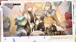Rule 34 | 1boy, 4girls, ahoge, animal ears, antonina (neural cloud), artist name, artist request, balloon, baseball cap, black gloves, blonde hair, bone print, breasts, cake, cake slice, coat, commentary, copyright name, croque (neural cloud), english commentary, feet out of frame, food, fur collar, girls&#039; frontline, girls&#039; frontline neural cloud, gloves, grey eyes, grey hair, hair between eyes, happy anniversary, hat, headset, heart balloon, highres, holding, holding plate, jacket, lab coat, long hair, looking at viewer, mask, mask around neck, multiple girls, one eye closed, open mouth, orange coat, persicaria (neural cloud), photo (object), pink eyes, pink hair, plate, ponytail, second-party source, selfie, shirt, simo (neural cloud), sol (neural cloud), sweater, teeth, upper body, v, white shirt, yellow eyes