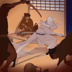 4boys 55bata6rou bald blood brown_hair closed_eyes closed_mouth falling fighting fighting_stance full_body highres holding holding_sword holding_weapon ichi_(sabu_to_ichi_torimono_hikae) indoors japanese_clothes katana kimono long_sleeves looking_at_another male_focus multiple_boys old old_man pants sabu_(sabu_to_ichi_torimono_hikae) sabu_to_ichi_torimono_hikae shadow short_hair sitting standing sword tatami teapot weapon