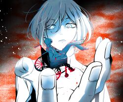 1boy 1girl b1ue_e4rth floating glowing glowing_eyes hair_between_eyes hand_up highres jewelry kisaragi_ayumi limited_palette meguriya_ayumu mini_person miniboy necklace object_floating_above_hand pants protected_link red_background shirt short_hair spoilers toshi_densetsu_kaitai_center triangle_necklace upper_body wheelchair