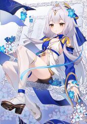1girl absurdres blue_dress blue_flower blue_sleeves blue_veil book breasts chinese_commentary commentary_request dress empty_picture_frame floating flower full_body hair_flower hair_ornament hair_ribbon highres holding holding_book honkai_(series) honkai_impact_3rd huang_tie_lin knees_up long_hair long_sleeves navel picture_frame ribbon serapeum_(honkai_impact) small_breasts solo stomach thighhighs tress_ribbon veil very_long_hair white_footwear white_hair white_thighhighs yellow_eyes yellow_ribbon