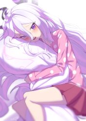 1girl :d absurdres ahoge blue_archive blush cameo commentary_request dakimakura_(object) demon_girl demon_horns doodle_sensei_(blue_archive) hair_between_eyes halo highres hina_(blue_archive) hina_(pajamas)_(blue_archive) horns hugging_object long_hair long_sleeves looking_at_viewer lying official_alternate_costume on_side open_mouth pajamas pillow pink_pajamas polka_dot polka_dot_pajamas purple_eyes red_skirt ryo_(ryo_artys) sensei_(blue_archive) sidelocks simple_background skirt smile solo white_hair