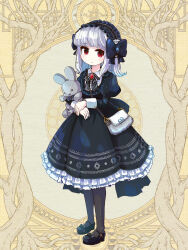 1girl bag black_bow black_dress black_pantyhose black_shoes bow dairoku_ryouhei dress frilled_dress frills full_body hair_bow hairband handbag highres lolita_fashion lolita_hairband long_sleeves looking_at_viewer lumerie_maleficarum mameno_k mary_janes medium_hair pantyhose puffy_long_sleeves puffy_sleeves red_eyes shoes solo stuffed_animal stuffed_rabbit stuffed_toy white_hair yellow_background