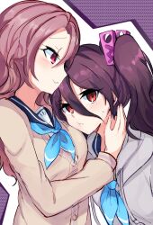 2girls 5p_(opi_32) battle_girl_high_school blue_neckerchief blush brown_sweater cheek_press eyelashes grey_jacket hair_between_eyes head_on_another&#039;s_chest highres hood hood_down jacket long_hair multiple_girls neckerchief purple_background red_eyes serizawa_renge short_hair smile sweater tsubuzaki_anko twintails yuri