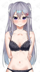 Rule 34 | 1girl, absurdres, arm behind back, black bra, black panties, blush, bow, bow bra, bow panties, bra, breasts, closed mouth, collarbone, commentary request, crossed bangs, double-parted bangs, embarrassed, grey hair, hair between eyes, hair ornament, hair over shoulder, hair ribbon, hairclip, hand on own arm, highres, kamikakushi no eden, lace, lace-trimmed bra, lace trim, long hair, long sidelocks, looking at viewer, navel, panties, purple eyes, raised inner eyebrows, ribbon, sahara386, shiroi shizuku, sidelocks, simple background, small breasts, solo, stomach, straight-on, straight hair, triangle hair ornament, two side up, underwear, underwear only, upper body, watermark, white background, white ribbon