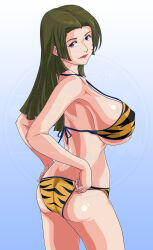 1girl animal_print bikini breasts brown_eyes forehead green_hair huge_breasts lips lipstick long_hair makeup manyuu_hikenchou print_bikini swimsuit tiger_print toyo_(manyuu_hikenchou)