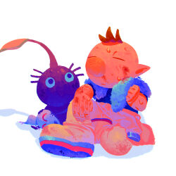 Rule 34 | 1boy, bare arms, big nose, black eyes, black shirt, blood, blood on face, brown hair, closed eyes, closed mouth, colored skin, fingernails, full body, hand on own knee, hands on another&#039;s head, highres, holding, holding towel, injury, knee up, lap pillow, leaf, looking at another, lying, male focus, nintendo, no mouth, olimar, on side, partially undressed, pikmin (creature), pikmin (series), pointy ears, purple hair, purple pikmin, purple skin, shadow, shirt, short hair, short sleeves, simple background, sitting, spacesuit, sweat, t-shirt, towel, towel around neck, very short hair, white background, white pikmin, white skin, yu pikmin