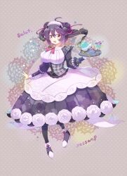 1girl :d absurdres ahoge black_dress black_footwear black_hair breasts brown_eyes character_name cup cupcake dress floral_print food fork full_body fuwasn1545 gen_8_pokemon hair_ornament hair_ribbon hairclip highres indeedee indeedee_(female) large_breasts maid_headdress nintendo open_mouth personification plaid pokemon purple_ribbon ribbon smile solo teacup teapot