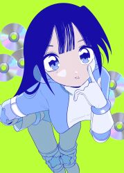 1girl akanbe blue_eyes blue_hair blunt_bangs cd commentary eyelid_pull feet_out_of_frame gloves green_background hand_on_own_hip hand_up highres knee_pads leaning_forward long_hair long_sleeves looking_at_viewer original solo standing tongue tongue_out urokogaran white_gloves