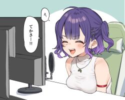 1girl :d ahoge bare_shoulders blush breast_rest breasts breasts_on_table chair closed_eyes earrings highres jewelry livestream medium_breasts medium_hair microphone mm_(mm_chair) nanase_suzuna nijisanji on_chair open_mouth pop_filter shirt sitting sleeveless sleeveless_shirt smile solo speech_bubble twintails virtual_youtuber