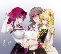 3girls absurdres aglaea_(honkai:_star_rail) alternate_breast_size ancient_greek_clothes artist_name bdsm black_shorts black_skirt blonde_hair blush bondage bound bound_wrists breasts commentary dress eidis_scarlet english_commentary eyewear_on_head girl_sandwich grabbing_another&#039;s_breast greco-roman_clothes green_eyes grey_background grey_hair groping high-waist_shorts highres honkai:_star_rail honkai_(series) kafka_(honkai:_star_rail) large_breasts midriff_peek multiple_girls navel photoshop_(medium) purple_eyes purple_hair round_eyewear sandwiched shirt short_hair shorts simple_background skirt stelle_(honkai:_star_rail) sunglasses thread trailblazer_(honkai:_star_rail) twitter_username white_dress white_shirt yellow_eyes yuri