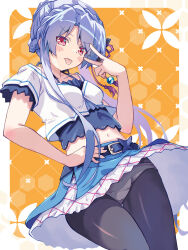 1girl akayama_yukihe belt black_belt black_pantyhose blue_hair blue_skirt blush_stickers border braid breasts clothes_lift commentary cowboy_shot crop_top crown_braid dutch_angle frilled_skirt frills hair_between_eyes hair_bun hand_on_own_hip hand_up highres long_hair looking_at_viewer medium_breasts midriff miniskirt navel orange_background outside_border panties panties_under_pantyhose pantyhose red_eyes shirt short_sleeves sidelocks simple_background single_hair_bun skirt skirt_lift solo sorakado_ao summer_pockets thigh_gap tongue tongue_out underwear v v-shaped_eyebrows very_long_hair white_border white_panties white_shirt wind wind_lift