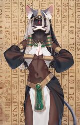1girl animal_ears aqua_nails black_hair blue_eyes blunt_bangs bodysuit breasts cat_ears cat_tail circlet commentary_request covered_navel hair_ornament hololive hololive_dev_is juufuutei_raden loincloth long_hair looking_at_viewer medium_breasts mouth_veil multicolored_hair murechika own_hands_together smile solo tail two-tone_hair variant_set veil virtual_youtuber white_hair