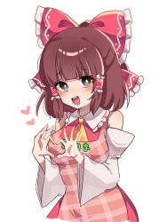 Rule 34 | 1girl, apron, ascot, black eyes, blunt bangs, blush, bow, breasts, bright pupils, brown hair, character name, clothes writing, commentary request, cookie (touhou), cowboy shot, detached sleeves, four-finger heart hands, frilled bow, frilled hair tubes, frilled shirt collar, frills, hair bow, hair tubes, hakurei reimu, heart, heart hands, looking at viewer, medium breasts, medium hair, niu 42, open mouth, pink apron, red bow, red shirt, red skirt, rurima (cookie), shirt, sidelocks, simple background, skirt, sleeveless, sleeveless shirt, smile, solo, touhou, white background, white pupils, white sleeves, yellow ascot